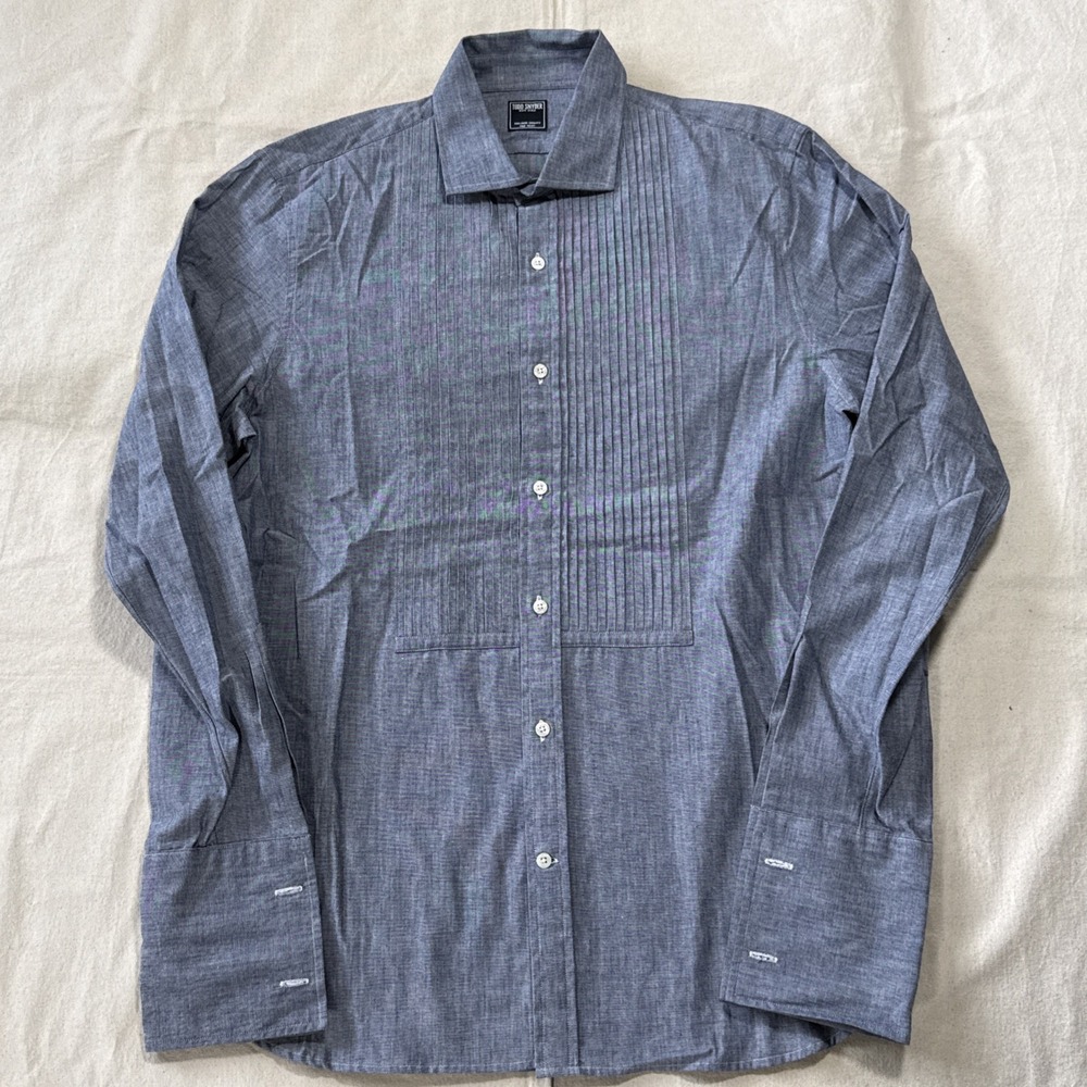 Todd Snyder Pleated Front Chambrey Indigo Blue Tuxedo Shirt Sz L NWOT